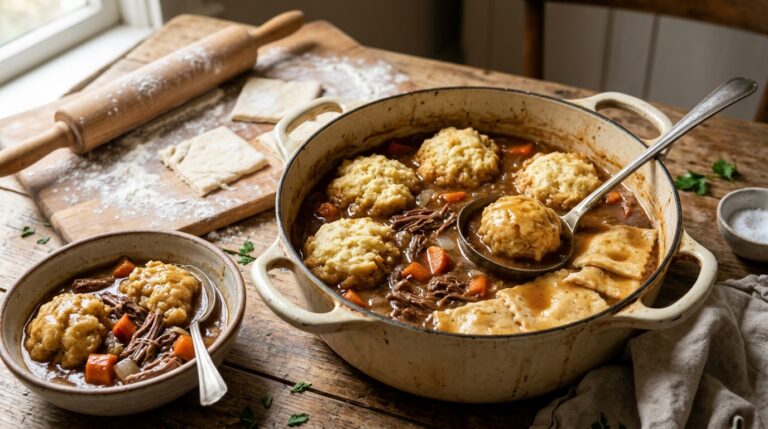 Beef and rolled dumplings with fluffy drop dumplings in an enamel Dutch oven