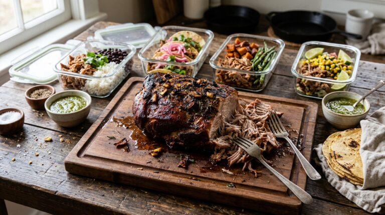Big-batch Sunday dinners roast pork shoulder with four glass meal prep containers