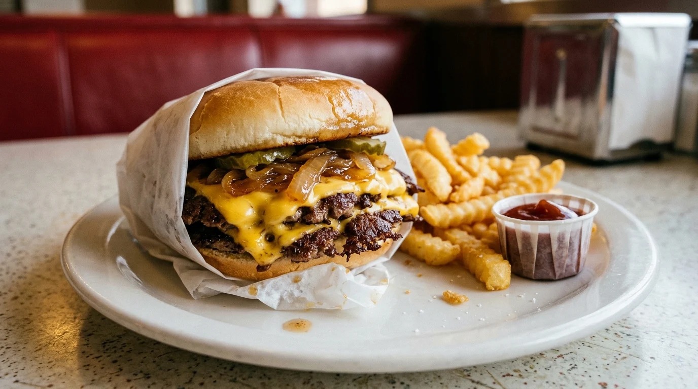 Diner style double cheeseburger with grilled onions and crinkle fries