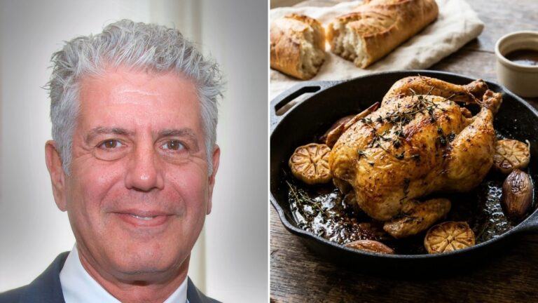 Anthony Bourdain photo beside a golden roast chicken in a cast iron skillet
