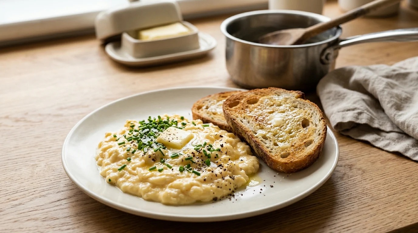 Soft scrambled eggs from Anthony Bourdain recipes with chives and toast