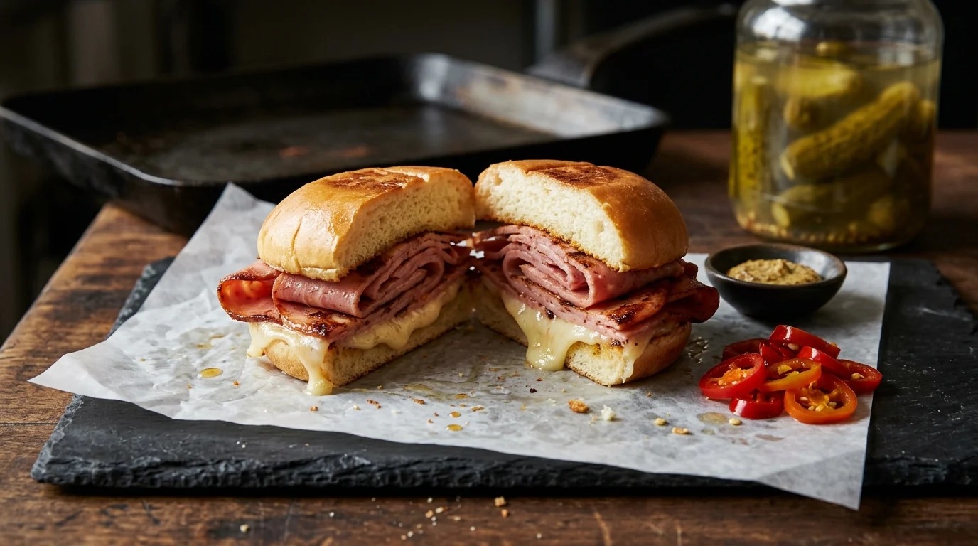 Griddled mortadella and melted cheese sandwich on a slate board