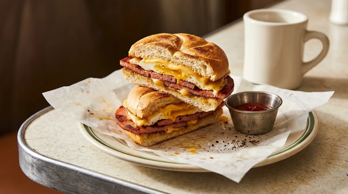 Anthony Bourdain recipes for breakfast: pork roll, egg and cheese sandwich