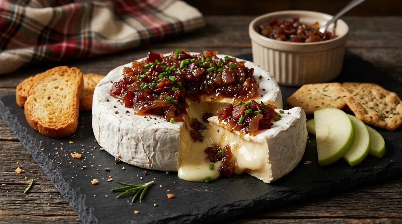 Brie topped with bacon jam on a slate board
