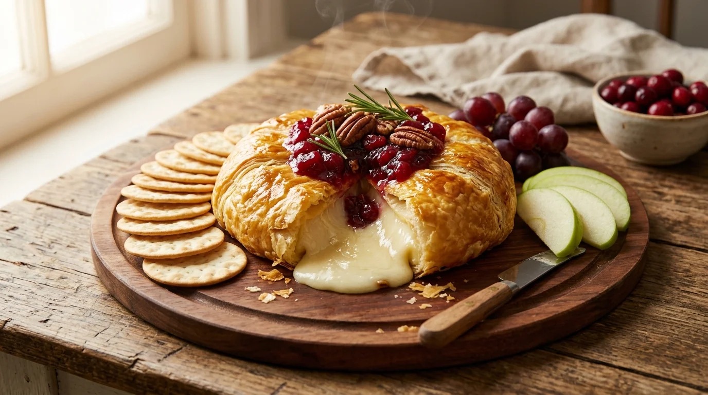 Baked brie in golden puff pastry topped with cranberries and pecans