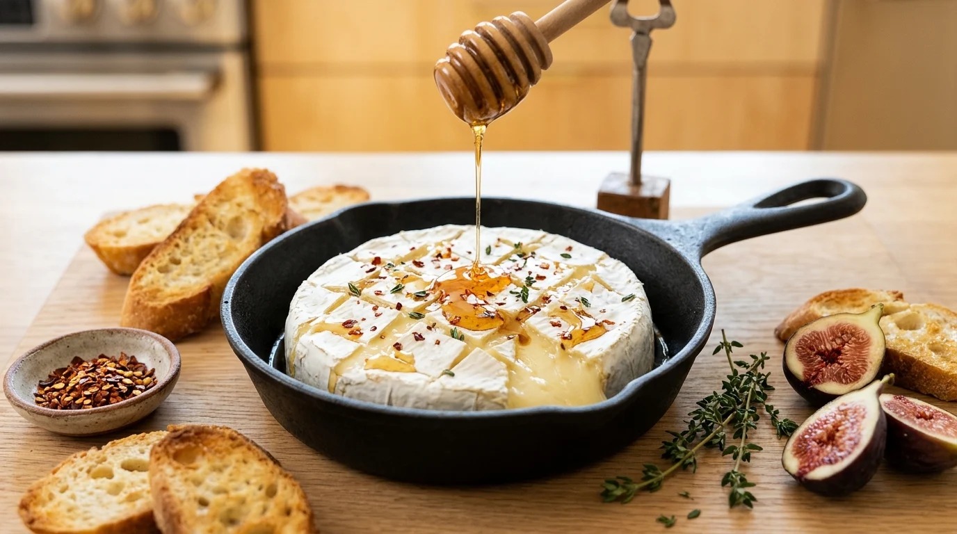 Hot honey baked brie in a cast iron skillet with thyme