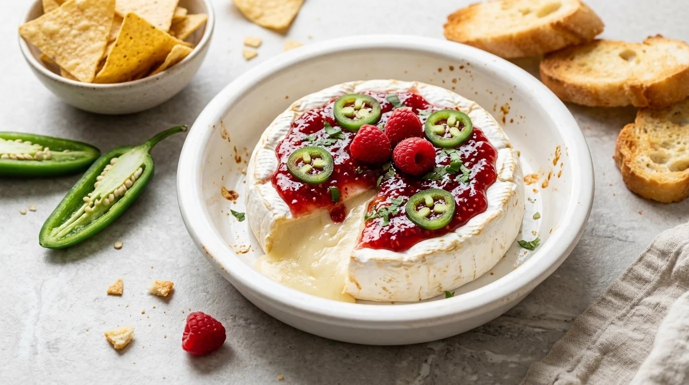 Raspberry jalapeno baked brie with baguette toasts