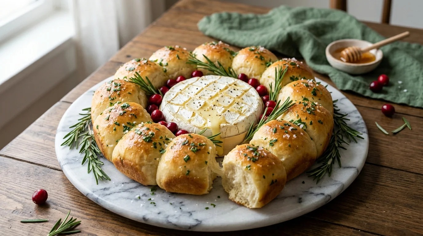 Baked brie wreath made of garlic butter rolls with rosemary
