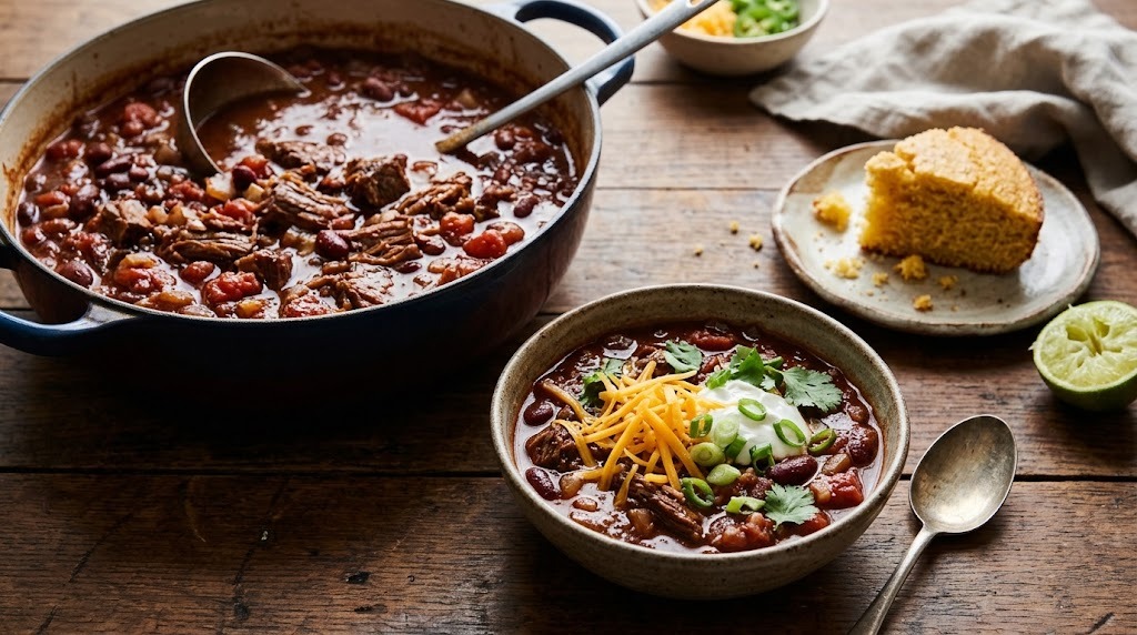 Bowl of beef chili with cheddar and cornbread