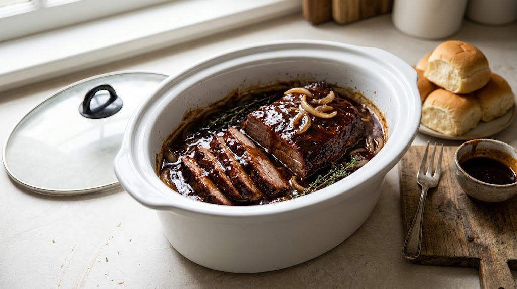 Slow cooker cola brisket sliced in the crock