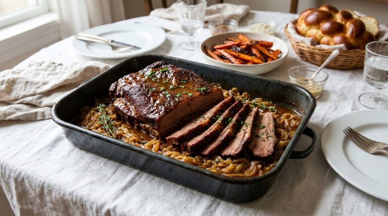 Brisket recipes for the holidays: sliced oven brisket with caramelized onions in a roasting pan