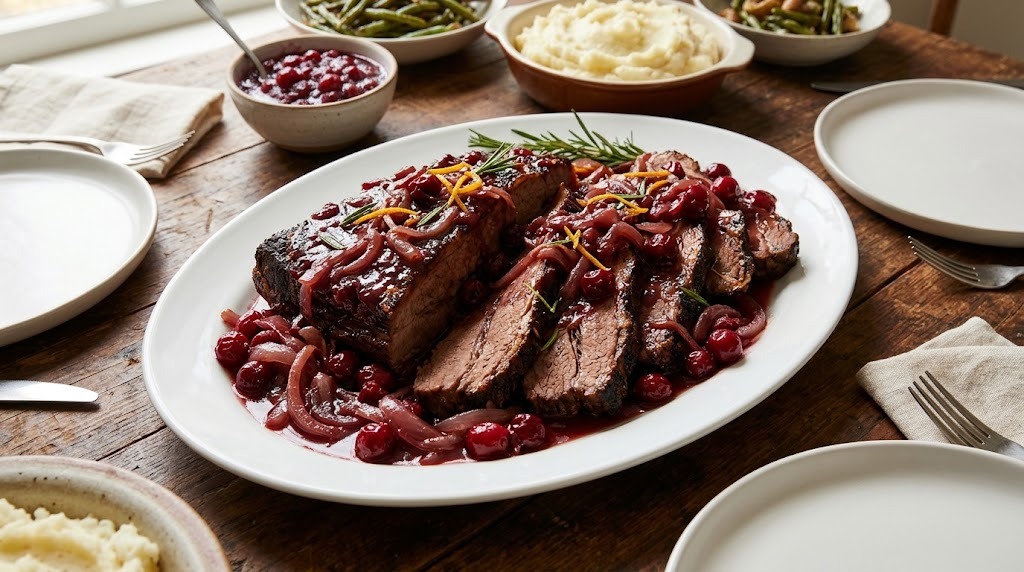 Cranberry braised brisket on a serving platter