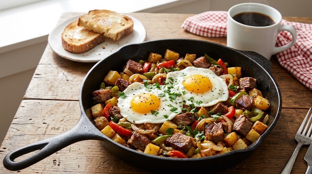 Breakfast hash with eggs in a cast iron skillet
