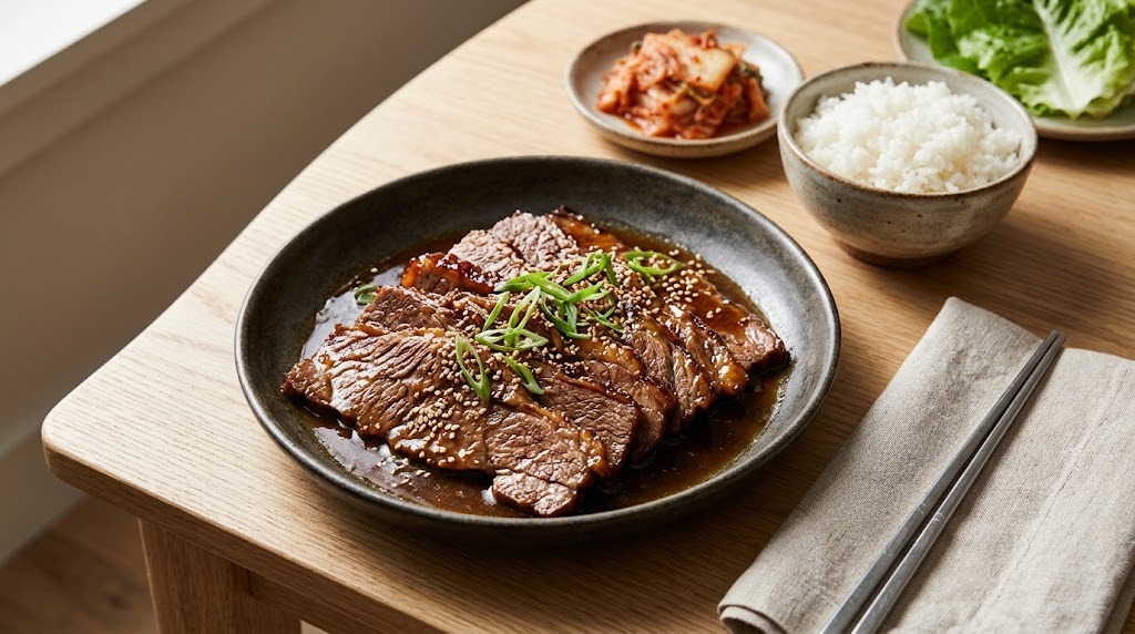 Korean-style braised brisket with rice and kimchi