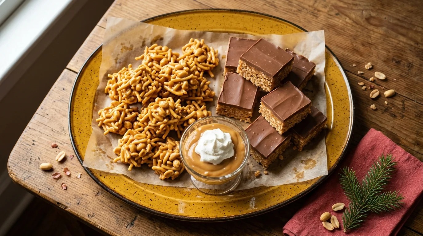 Butterscotch haystacks and scotcheroo squares on a retro harvest gold platter with a dish of pudding
