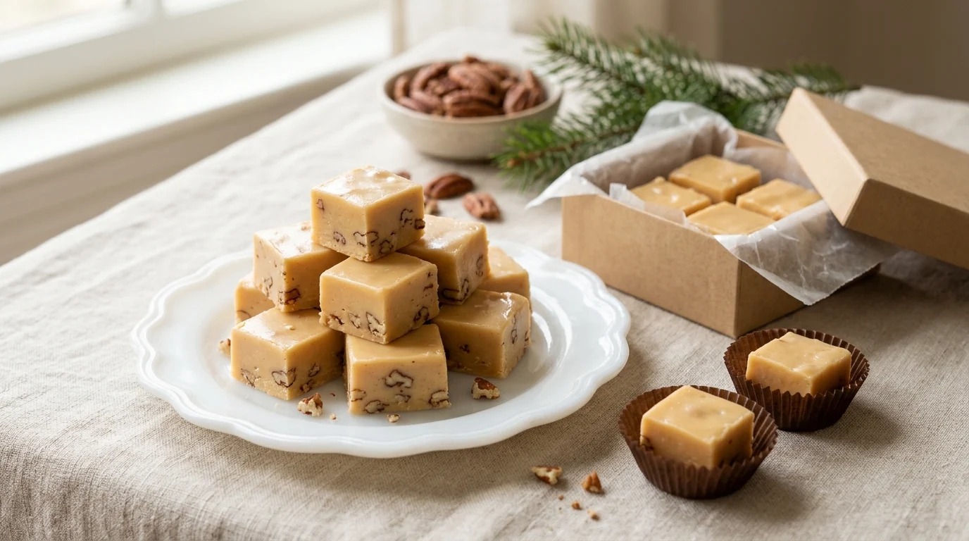 Squares of creamy butterscotch fudge with pecans on a milk glass plate
