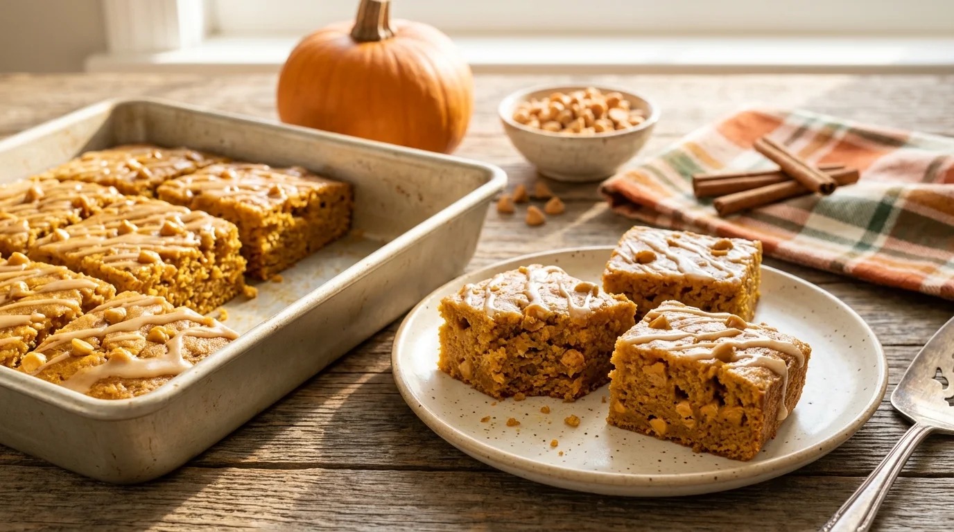 Pumpkin bars with butterscotch chips and glaze, a Thanksgiving dessert