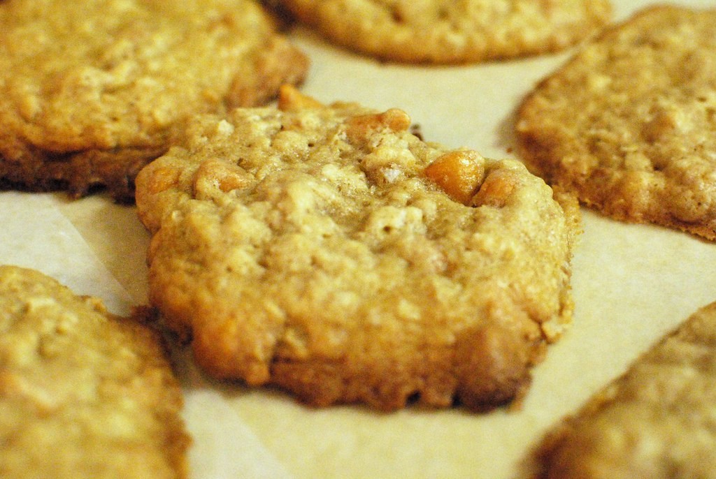 Golden oatmeal scotchies cooling on parchment