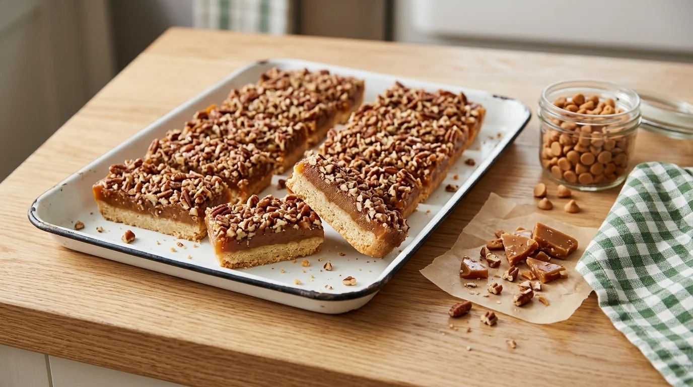 Layered toffee bars with a shortbread crust and pecans on an enamel tray