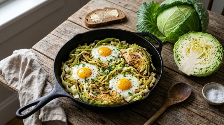 Cabbage dinner skillet with caramelized cabbage, sunny side up eggs and a fresh cabbage head