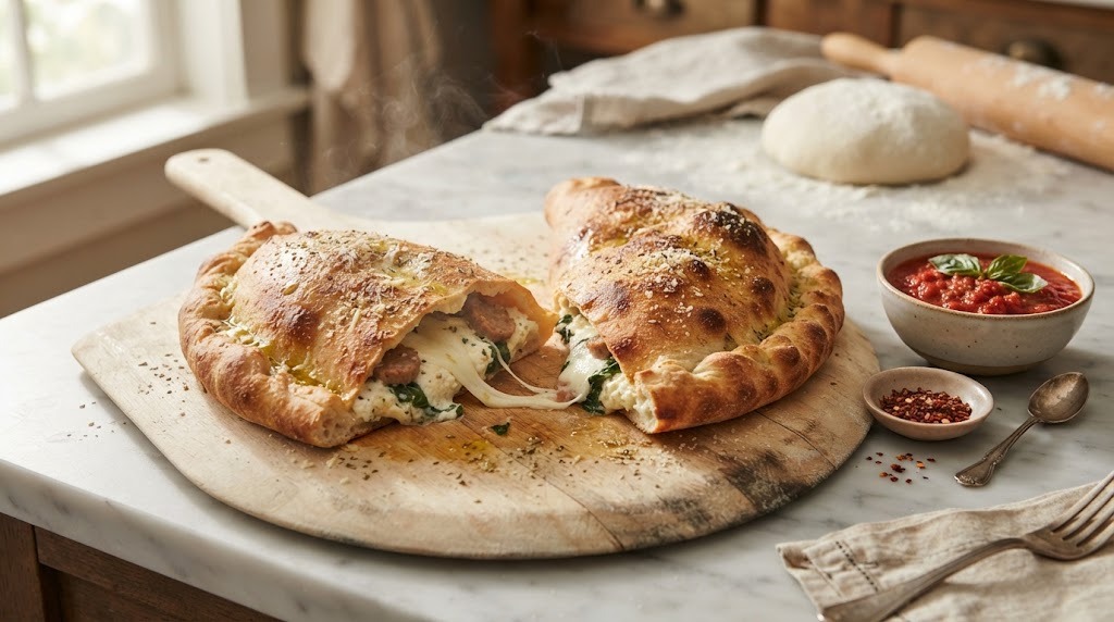 Two homemade calzones cut open with ricotta, spinach and sausage
