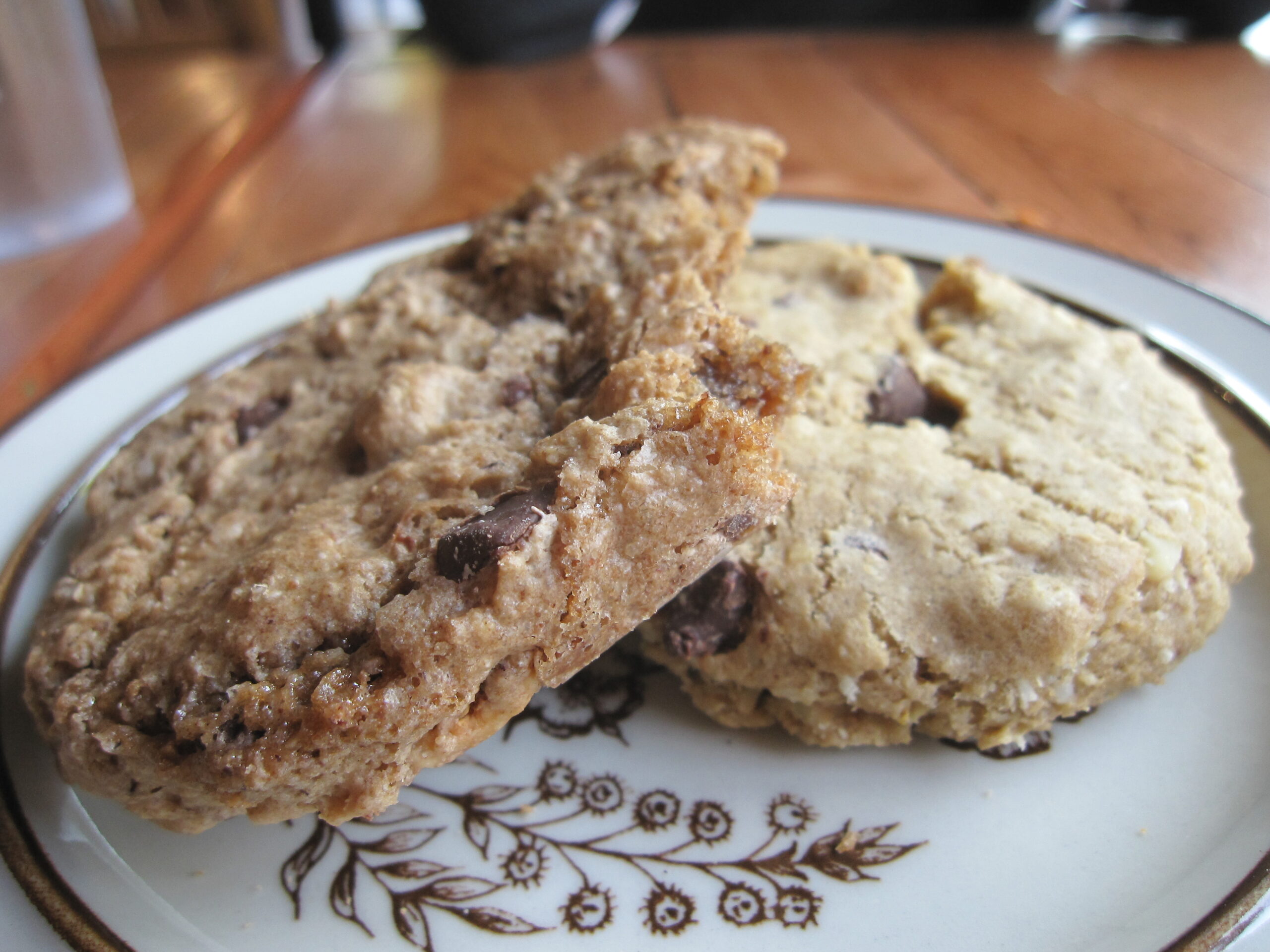 Plate of oatmeal cowboy treats with chocolate chips and coconut