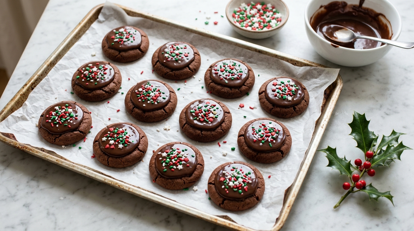 Cocoa rounds with chocolate glaze and Christmas sprinkles