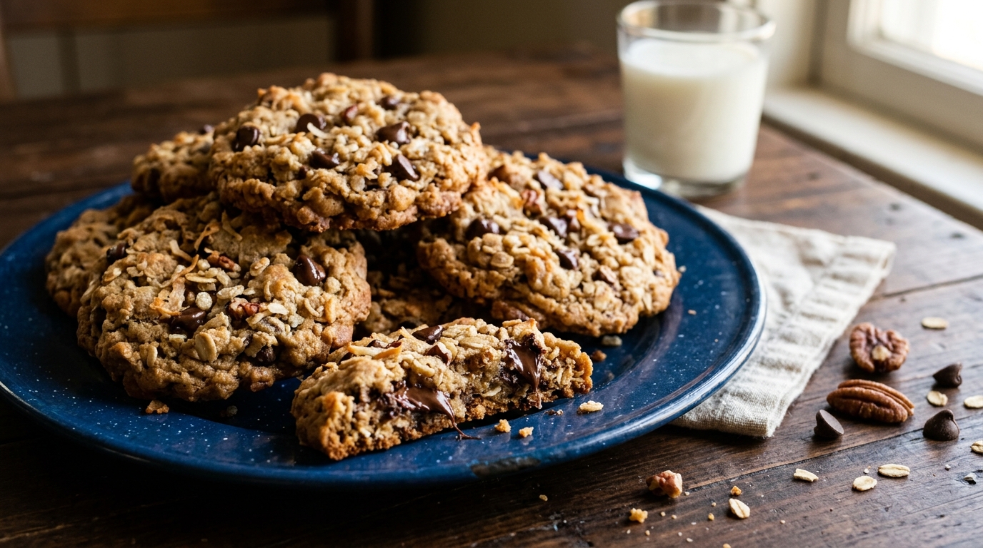 Chunky oat, coconut, pecan and chocolate treats on a blue plate