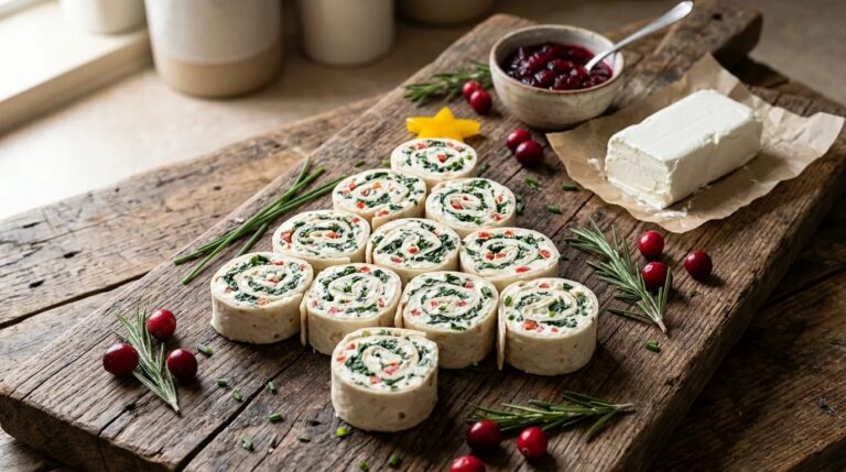 Christmas tree shaped cream cheese pinwheels on a rustic wooden board