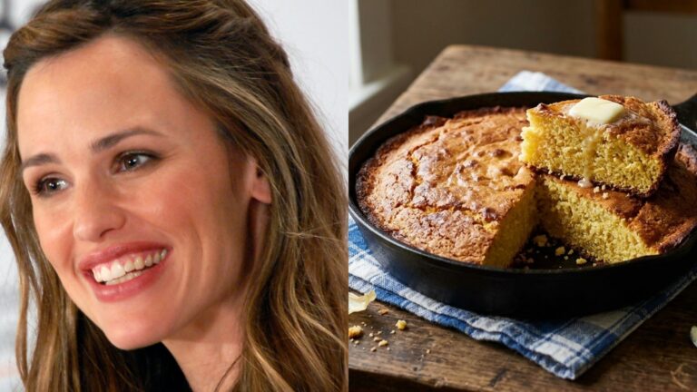 Jennifer Garner smiling beside a skillet of buttermilk cornbread, one of the celebrity mom recipes