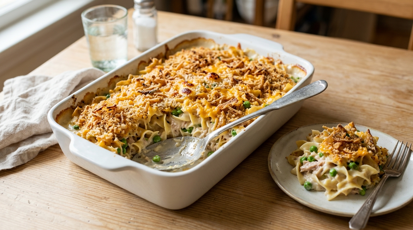 Tuna noodle casserole with a golden crumb topping, a favorite celebrity mom recipe