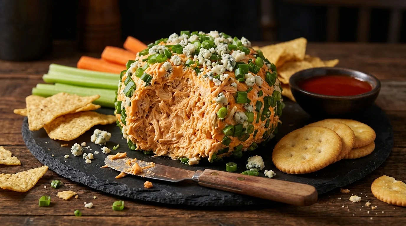 Buffalo chicken party appetizer with celery and chips