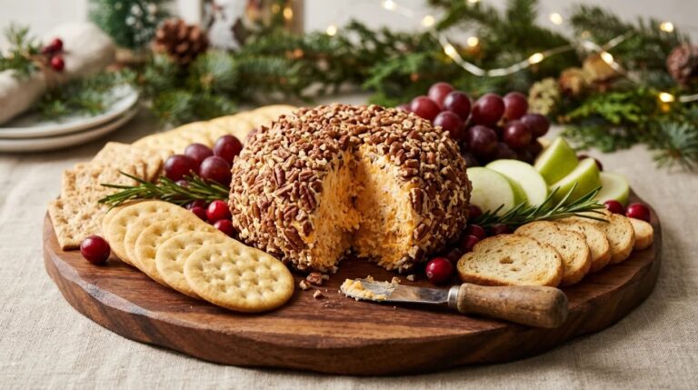 Cheese ball recipes classic cheddar pecan cheese ball on a holiday board