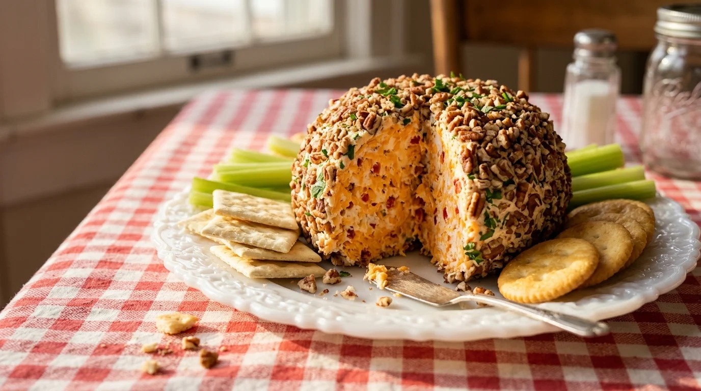 Pimento cheese ball with pecans and saltines