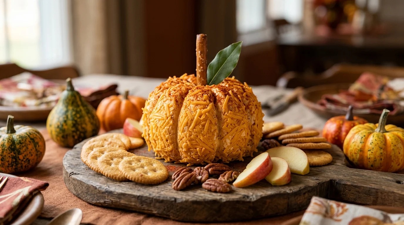 Pumpkin shaped cheddar cheese ball with pretzel stem