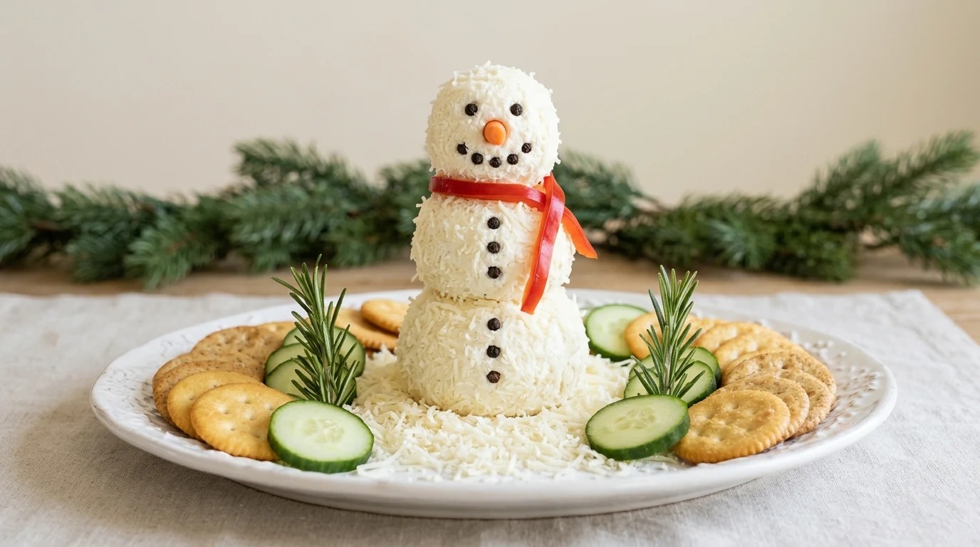 Snowman appetizer made of three stacked rounds