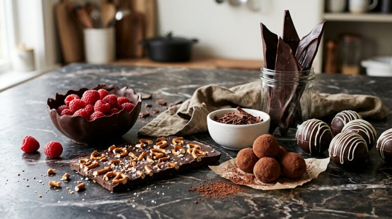 Chocolate dessert ideas on a dark marble table with pretzel bark, truffles, hot chocolate bombs and chocolate shards