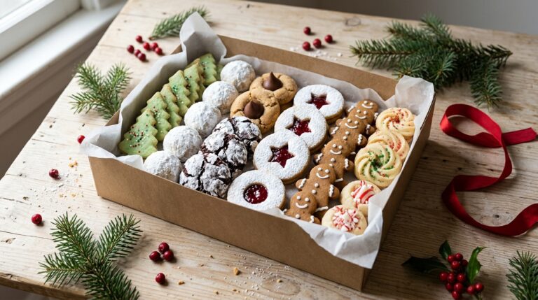 Christmas cookie box lined with parchment and packed with assorted cookies