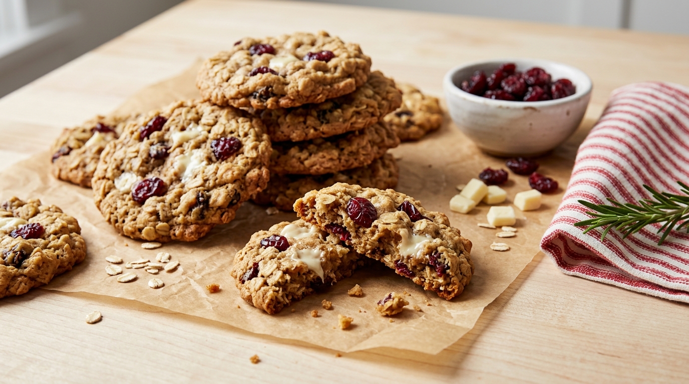 Cranberry white chocolate oatmeal cookies on parchment
