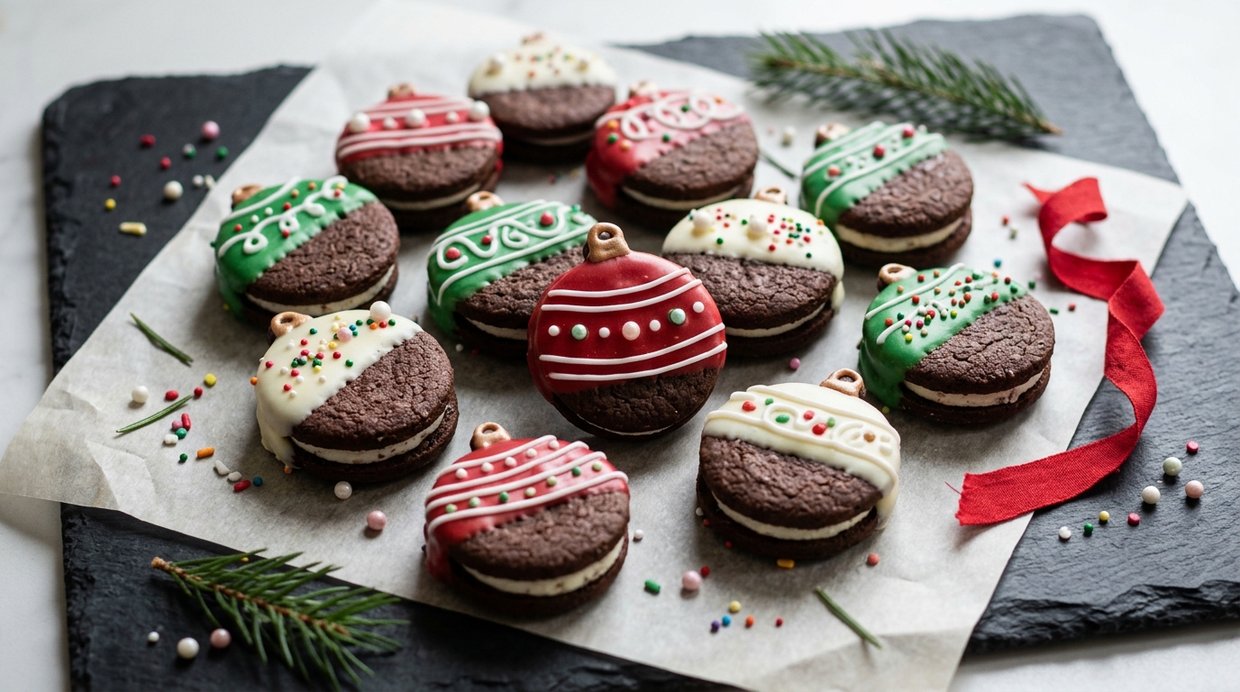 Chocolate sandwich cookies decorated like tree ornaments
