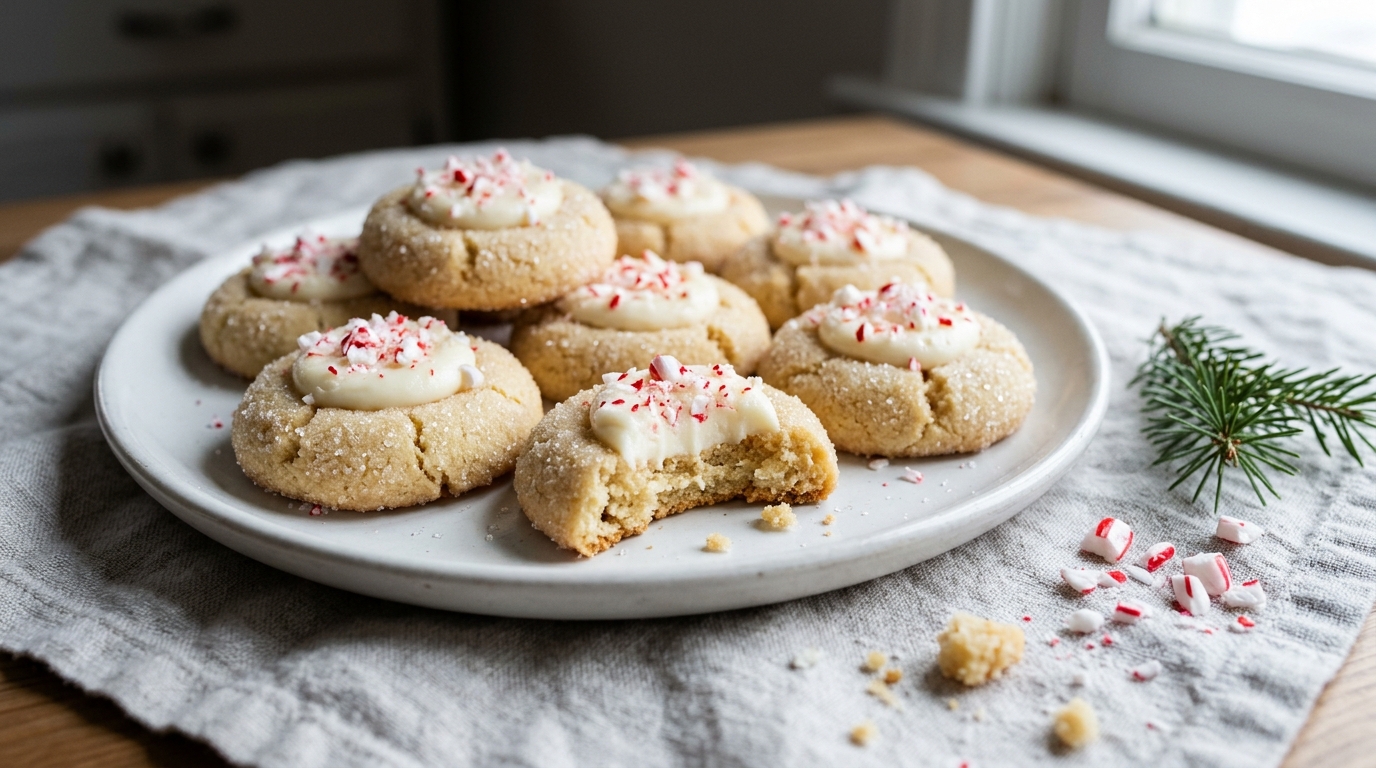 Peppermint thumbprints filled with buttercream and crushed candy