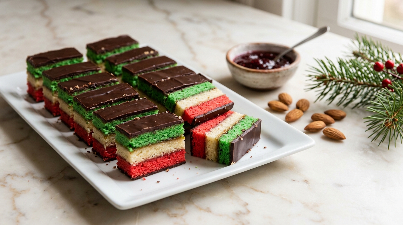 Italian rainbow cookies with red, white and green layers