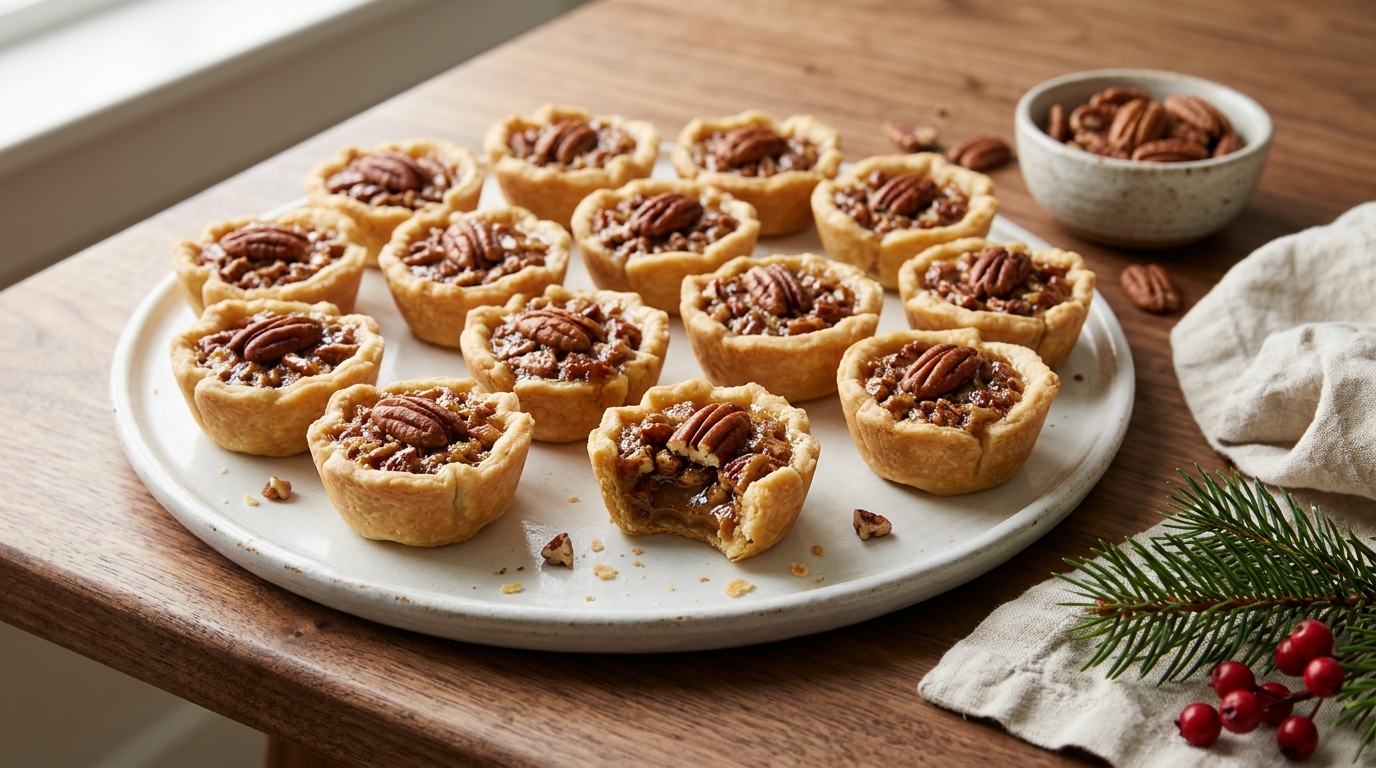 Mini pecan tassies on a white platter
