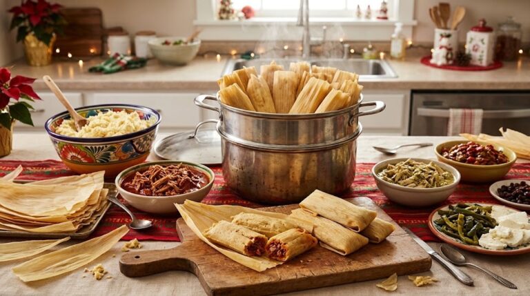 Christmas tamales steaming in a large pot with bowls of masa, red chile pork and green salsa chicken on a festive table