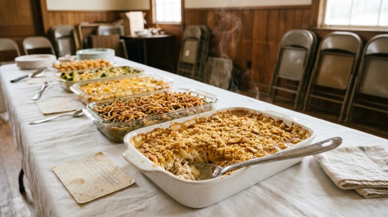 Church supper casseroles led by Mississippi funeral chicken with cracker topping