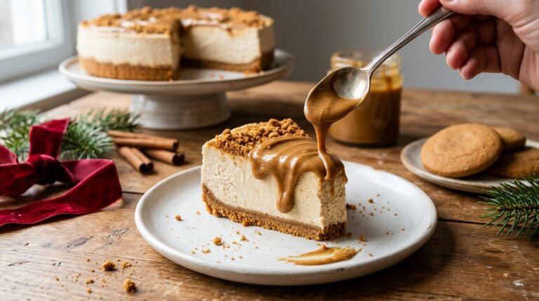 No-bake cookie butter cheesecake slice with spread dripping down the side