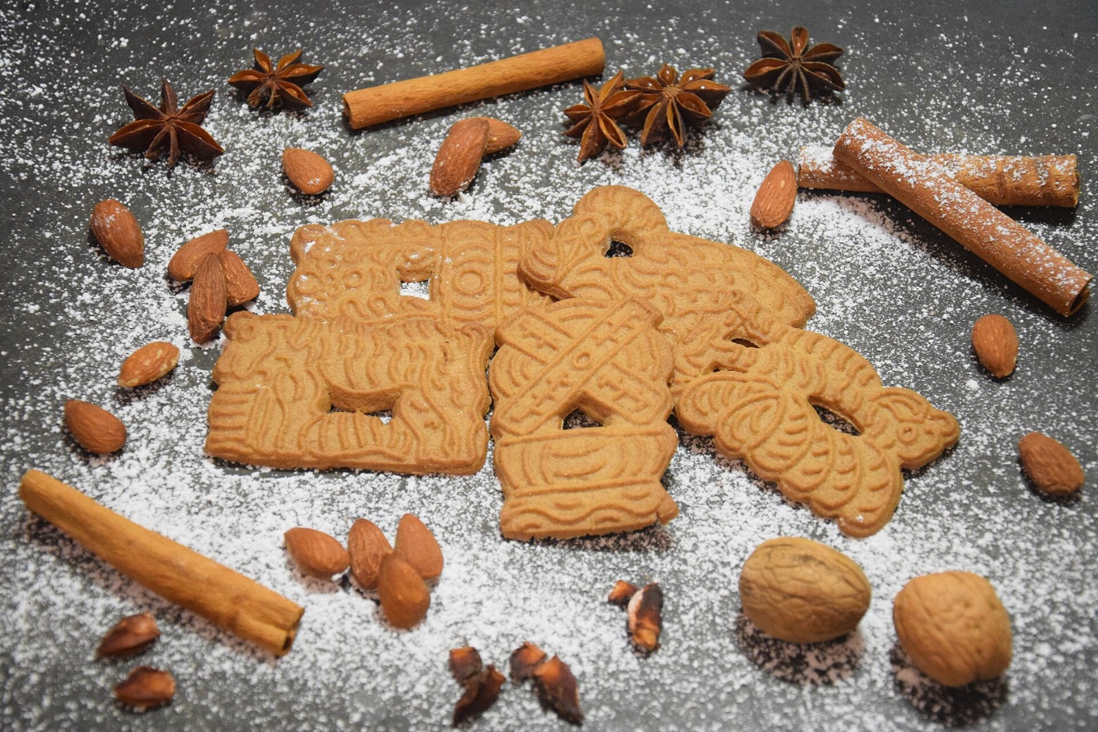 Crisp spiced speculaas cookies with cinnamon and nuts