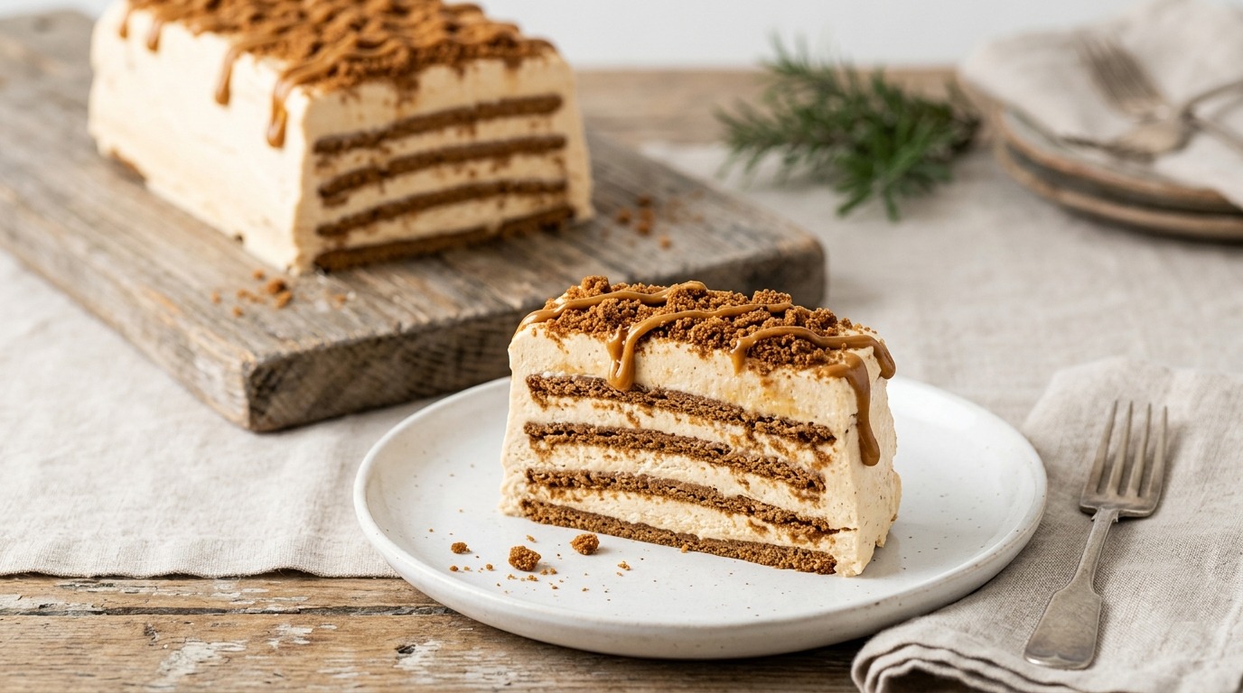 Cookie butter desserts finish with a layered icebox cake slice