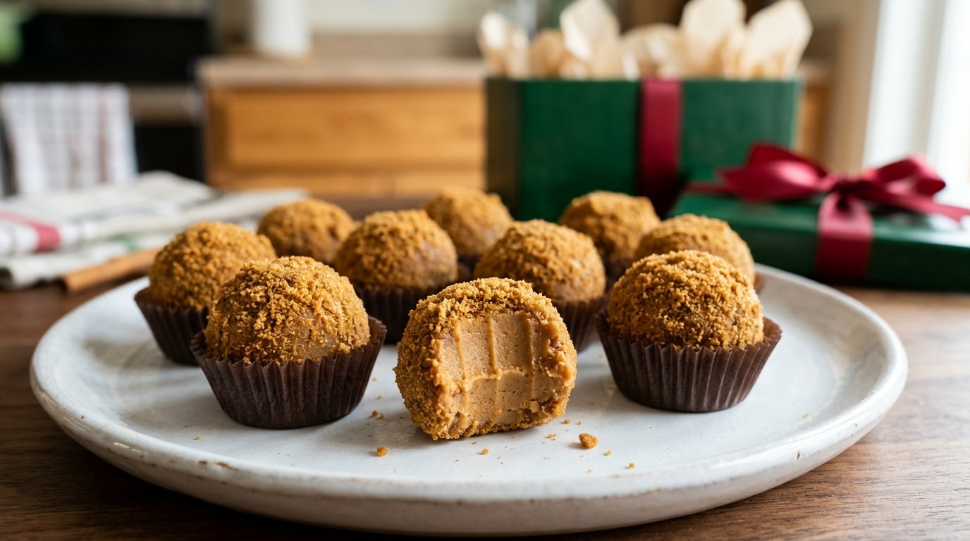 Round truffles rolled in spiced cookie crumbs in paper candy cups