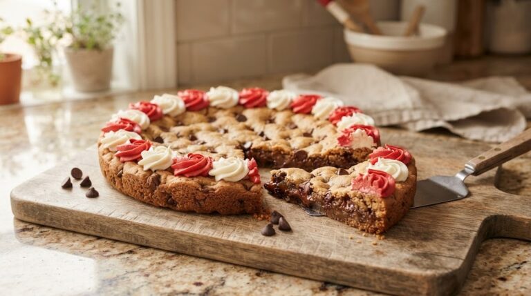 Cookie cake recipes classic chocolate chip cookie cake with red and white frosting border and one slice cut